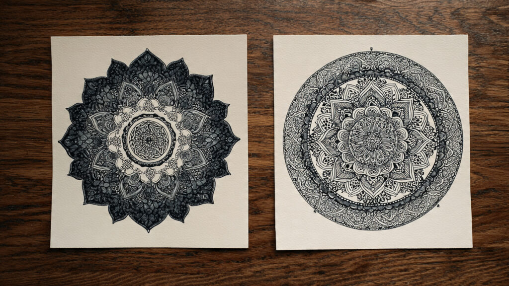 4 college images of mandala drawing