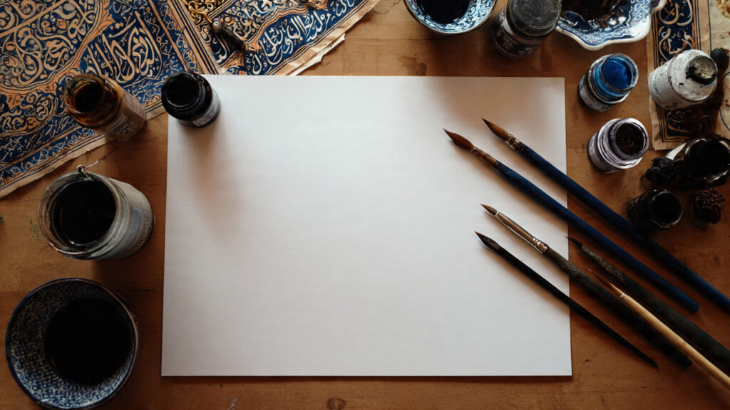 Islamic Calligraphy on Canvas: Art, Tips & Inspiration a serene workspace with blank canvas ink pens and (1)