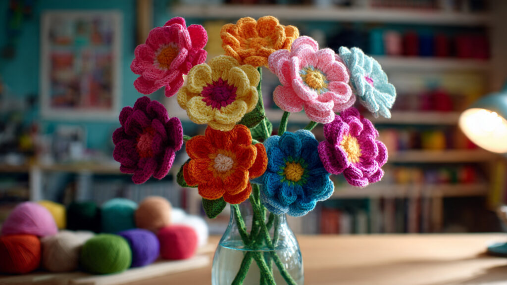 25 Beautiful Crochet Flower Ideas for Beginners and Experts a colorful crochet flower bouquet in a