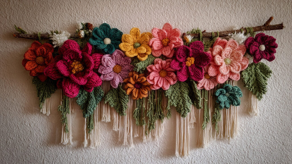 25 Beautiful Crochet Flower Ideas for Beginners and Experts a crochet floral wall hanging with multiple