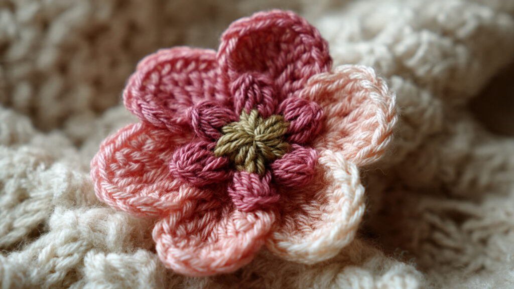 25 Beautiful Crochet Flower Ideas for Beginners and Experts a crochet flower brooch pinned to fabric