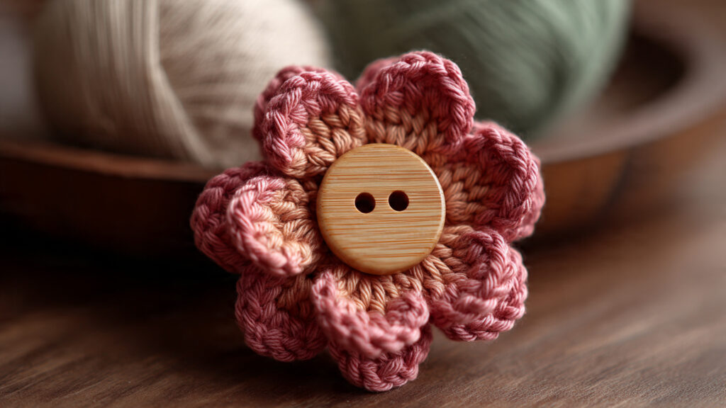 25 Beautiful Crochet Flower Ideas for Beginners and Experts a crochet flower with wooden button center