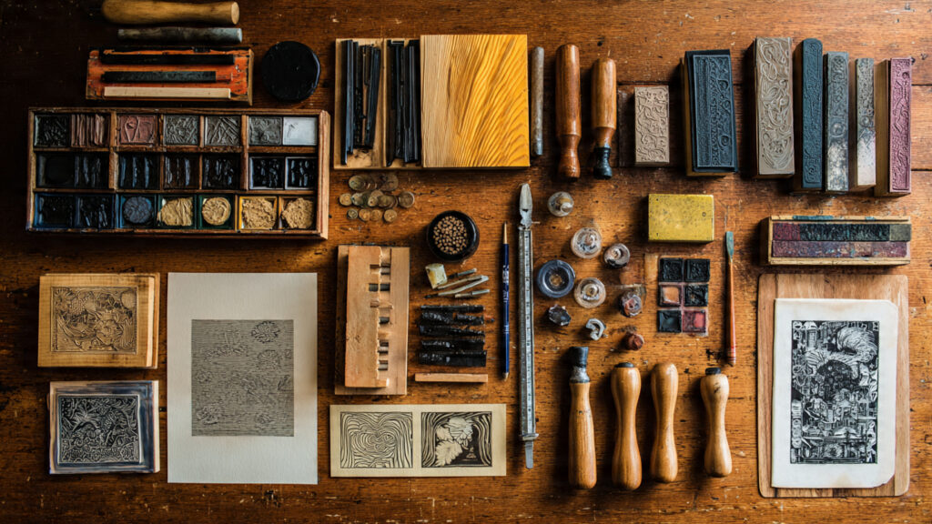 a professional flat lay of linocut tools carved