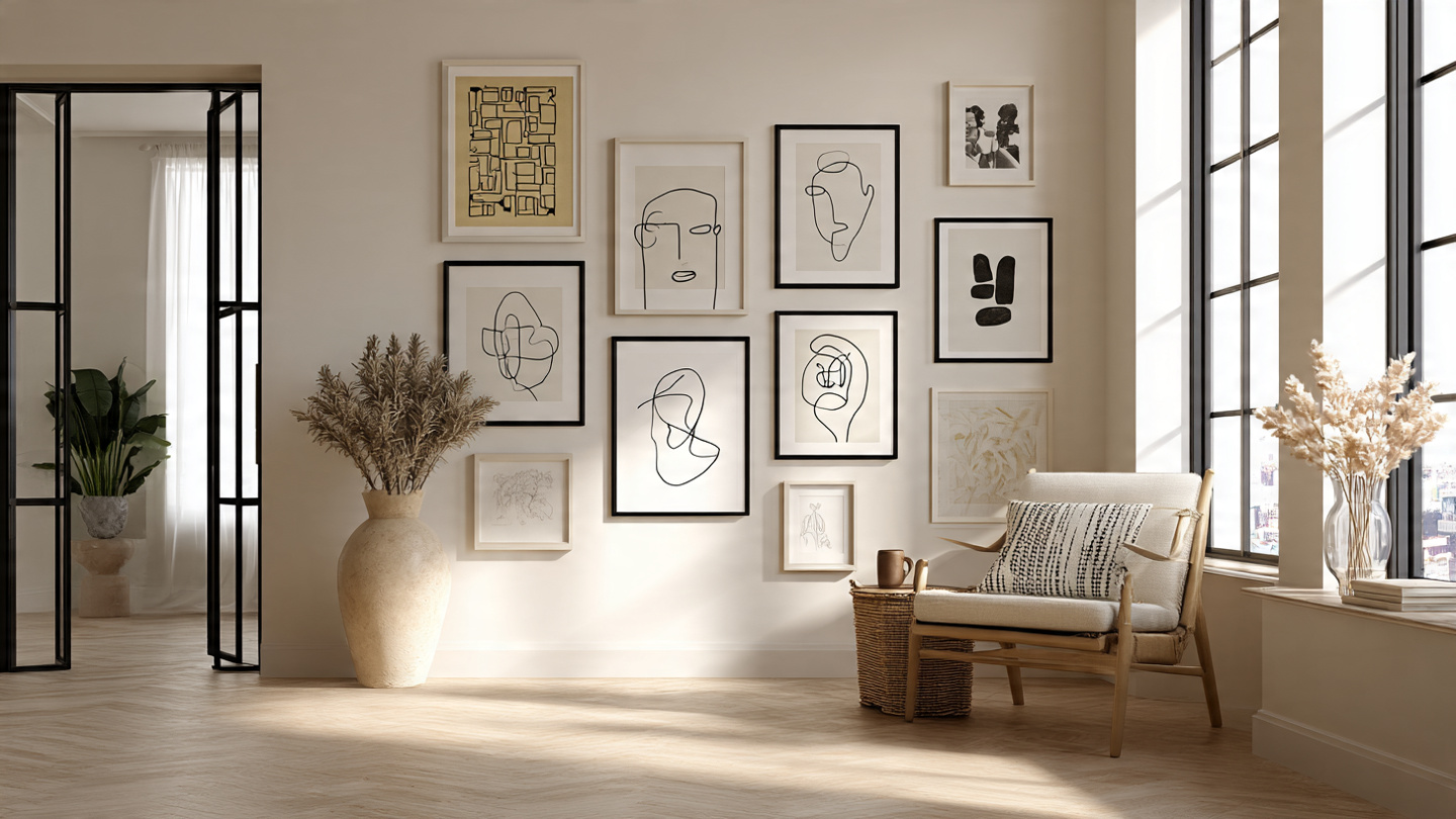 a sophisticated minimalist interior scene featuring a