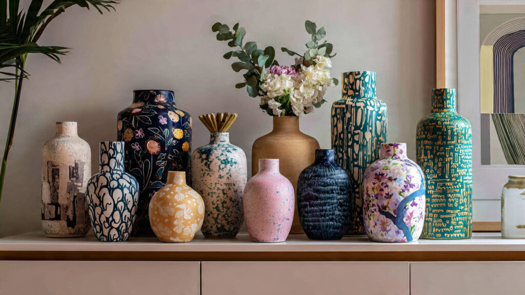 a stylish arrangement of multiple hand painted vases