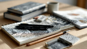 aesthetic flat lay of zentangle drawing supplies (1)