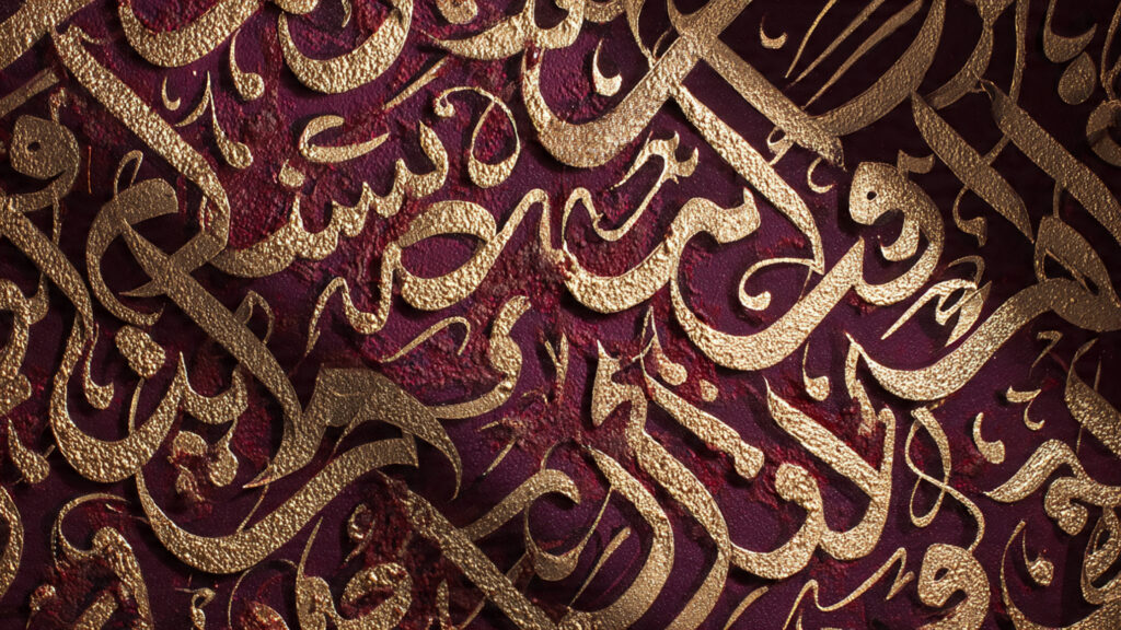 Islamic Calligraphy on Canvas: Art, Tips & Inspiration arabic letters highlighted with gold leaf on a dee
