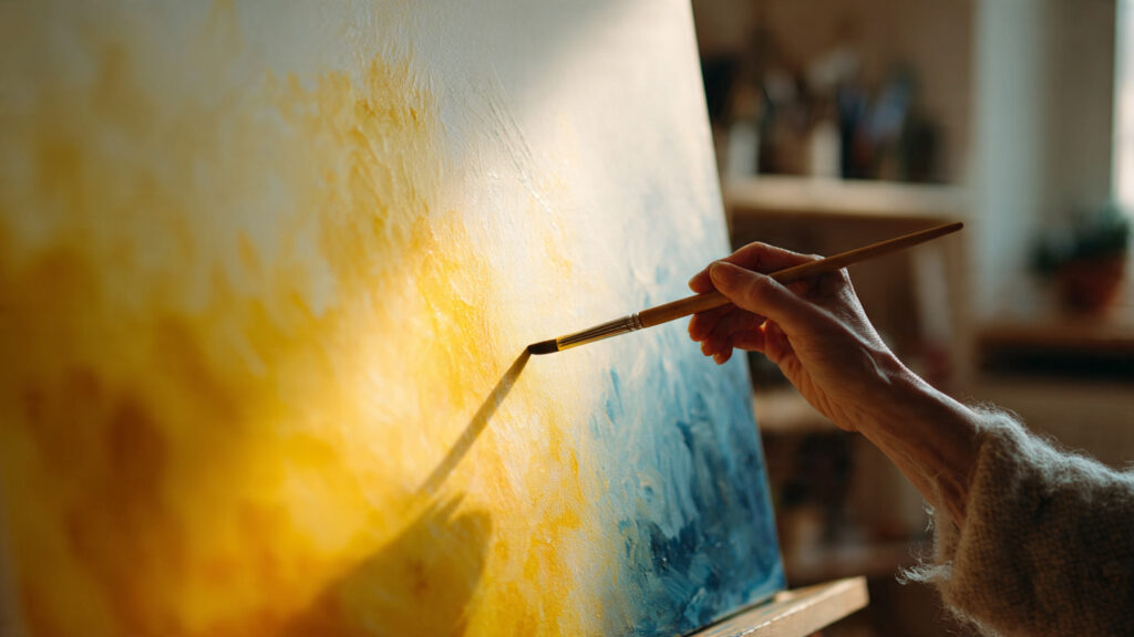 beginner oil painter blending colors on canvas (1)