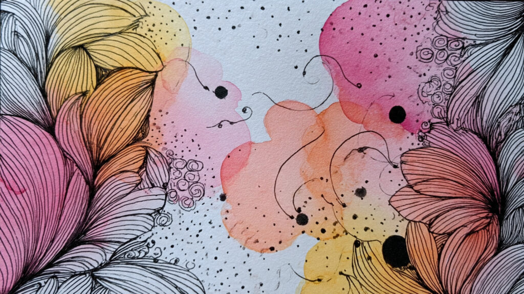 15 Easy Doodle Art Painting Ideas to Relax Your Mind and Boost Creativity black ink doodle art with watercolor splashes
