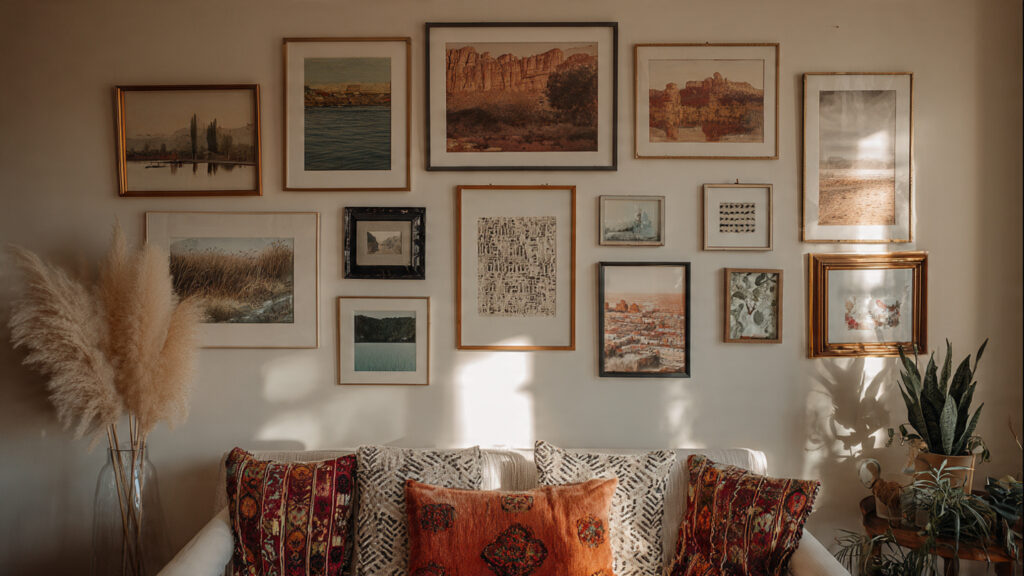 21 Boho Wall Art Ideas for a Cozy, Artistic & Trendy Home boho gallery wall mixed frames eclectic wall