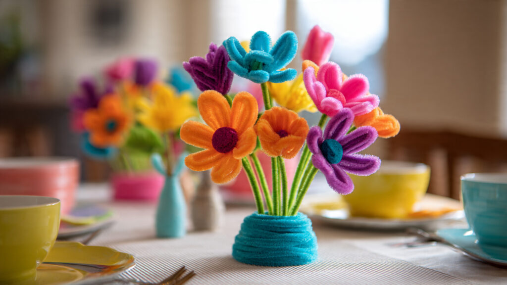 20 Creative Pipe Cleaner Flower Styles for Beautiful Home Décor bright pipe cleaner flower centerpiece on a