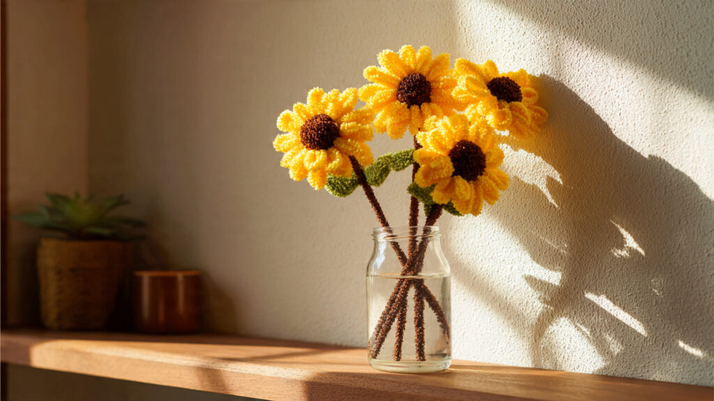 20 Creative Pipe Cleaner Flower Styles for Beautiful Home Décor bright yellow pipe cleaner sunflower with brown