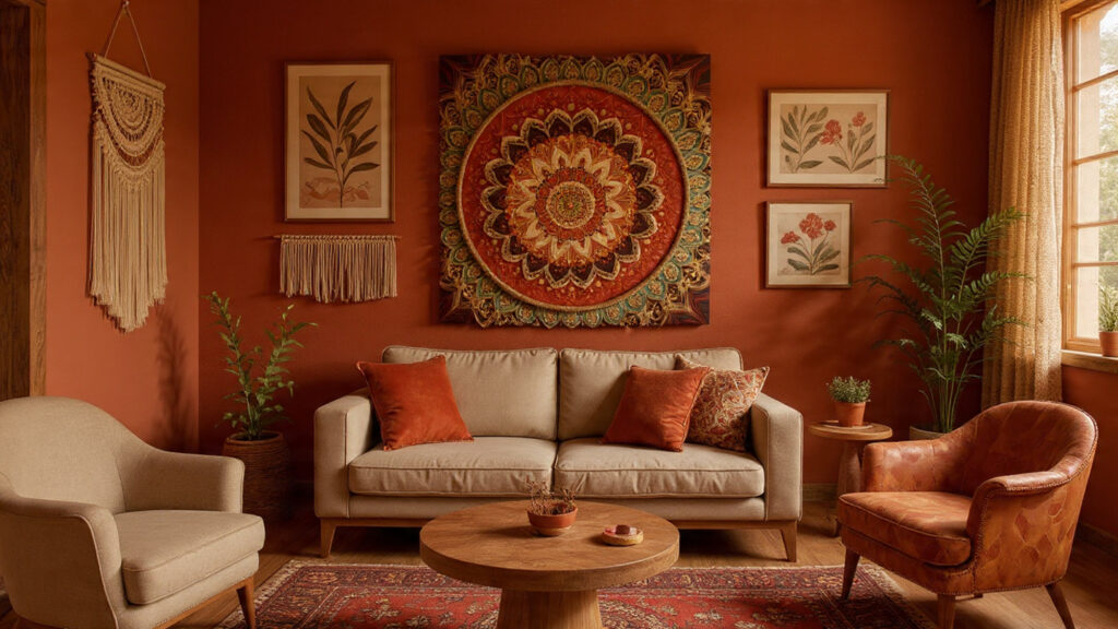 21 Boho Wall Art Ideas for a Cozy, Artistic & Trendy Home cozy boho living room with layered wall (1)