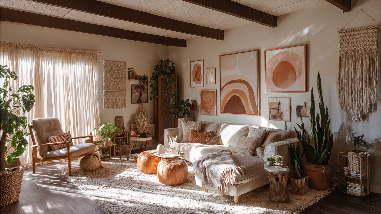 21 Boho Wall Art Ideas for a Cozy, Artistic & Trendy Home cozy boho living room with layered wall