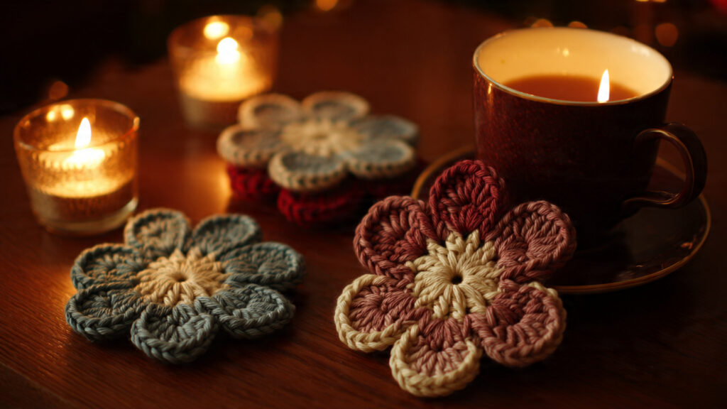 25 Beautiful Crochet Flower Ideas for Beginners and Experts crochet flower shaped coasters on coffee table warm