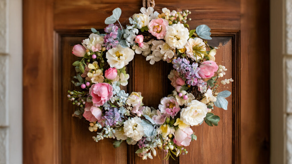 27 Easy Spring Craft Ideas & Creative DIY Projects floral spring wreath on wooden door pastel