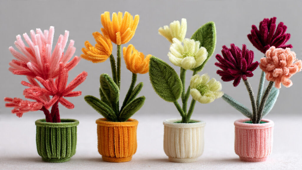 20 Creative Pipe Cleaner Flower Styles for Beautiful Home Décor four pipe cleaner flower arrangements showing seasonal