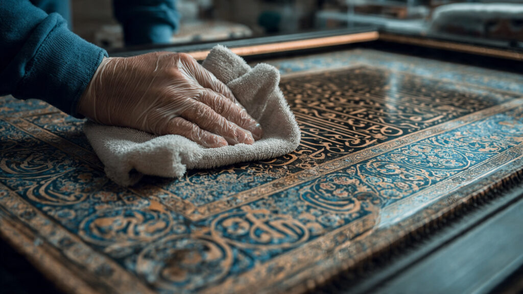 Islamic Calligraphy on Canvas: Art, Tips & Inspiration hand gently dusting a framed islamic calligraphy c