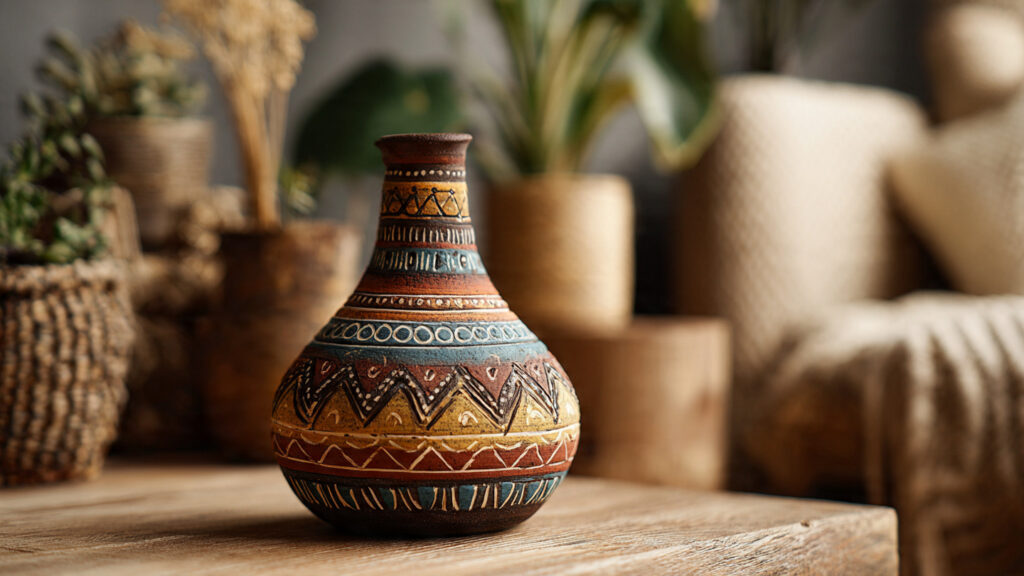 23 Creative Vase Painting Ideas to Elevate Your Home Decor hand painted vase with boho tribal patterns earthy
