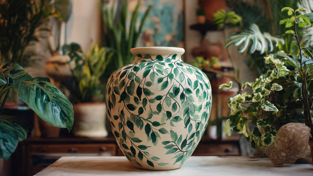 23 Creative Vase Painting Ideas to Elevate Your Home Decor hand painted vase with green leaf motifs botanical