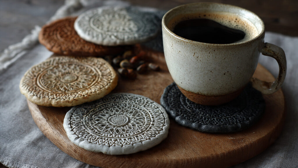 25 Amazing Clay Art Ideas & DIY Projects to Spark Your Creativity handmade clay coasters with textured patterns coffee