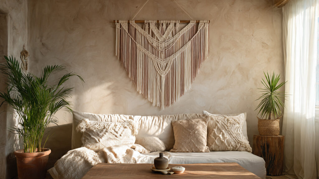 21 Boho Wall Art Ideas for a Cozy, Artistic & Trendy Home handmade macram wall hanging neutral tones boho