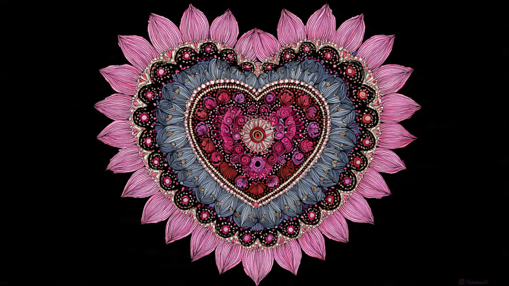 heart shaped mandala art with repeated heart patterns