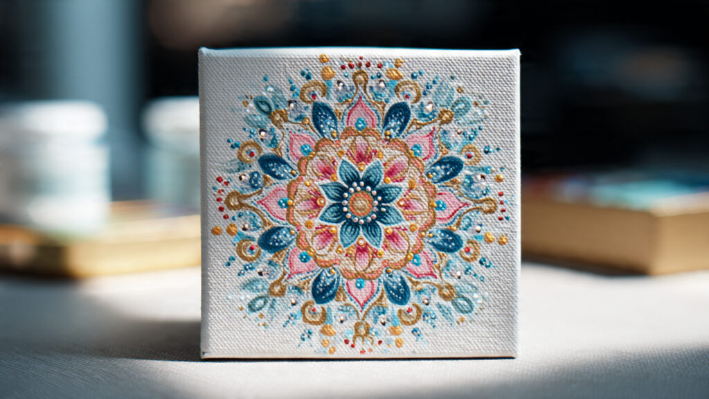 15 Adorable Mini Canvas Painting Ideas For Fun mini canvas mandala painting with symmetrical patterns
