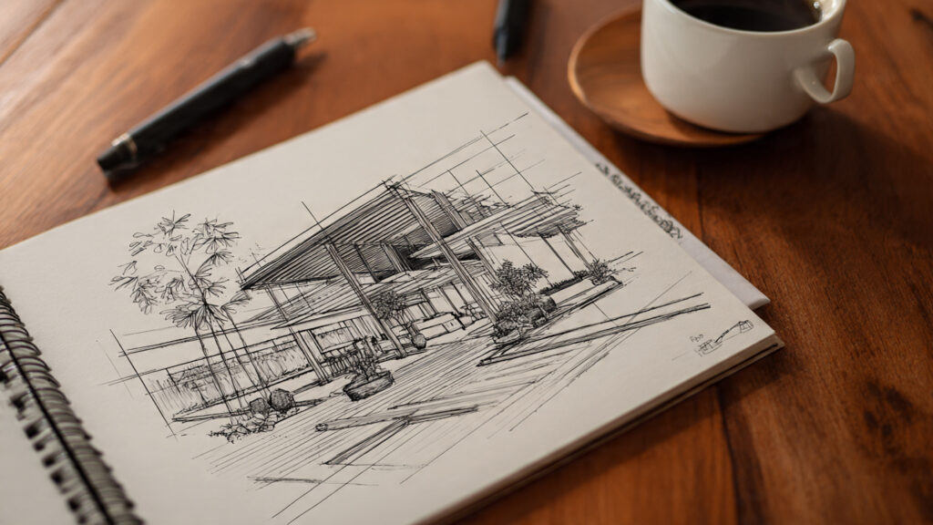 minimalist architectural line sketch of a modern