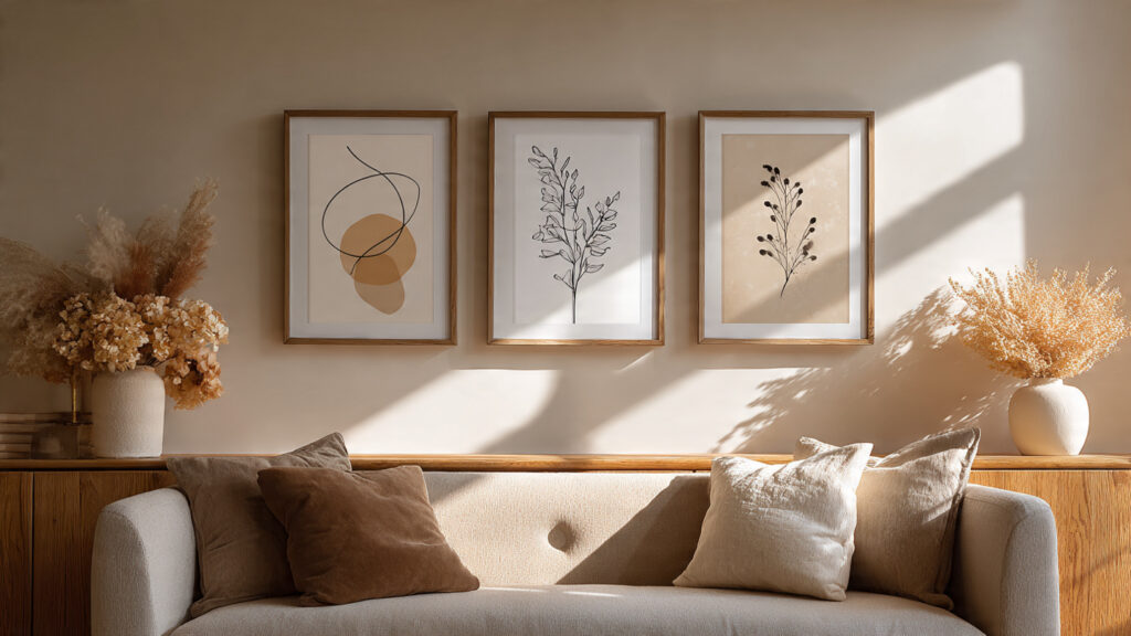 minimalist gallery wall featuring three coordinated line