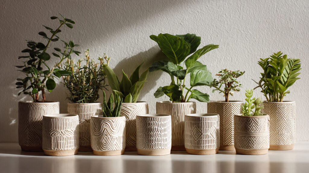 25 Amazing Clay Art Ideas & DIY Projects to Spark Your Creativity minimalist handmade clay planters with textured patterns