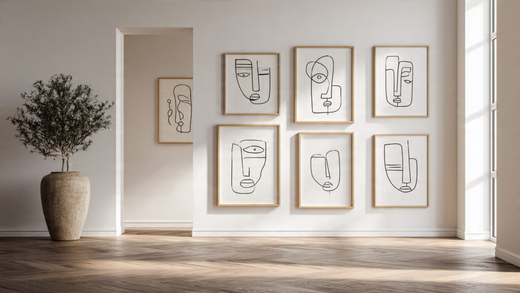 minimalist line art gallery wall with abstract