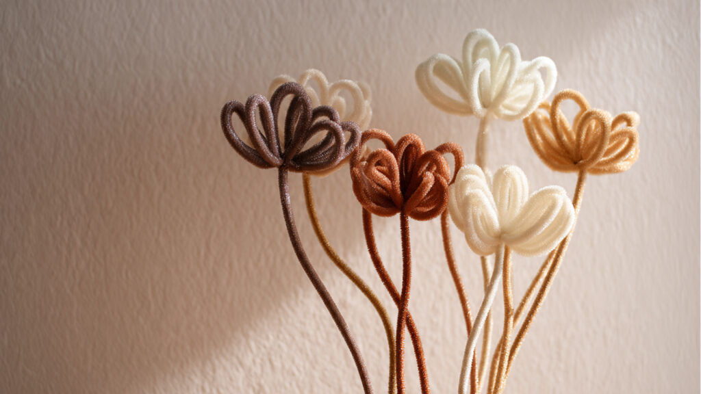 20 Creative Pipe Cleaner Flower Styles for Beautiful Home Décor minimalist pipe cleaner line flowers in neutral