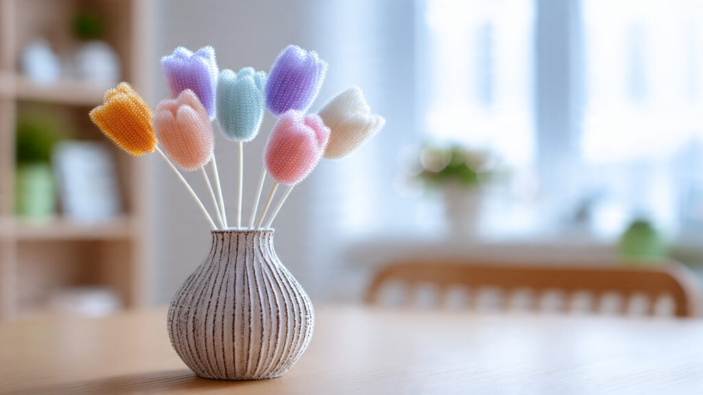 20 Creative Pipe Cleaner Flower Styles for Beautiful Home Décor pastel pipe cleaner tulip flowers standing upright