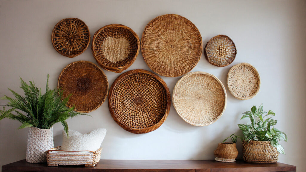 21 Boho Wall Art Ideas for a Cozy, Artistic & Trendy Home rattan wall decor bamboo baskets boho wall