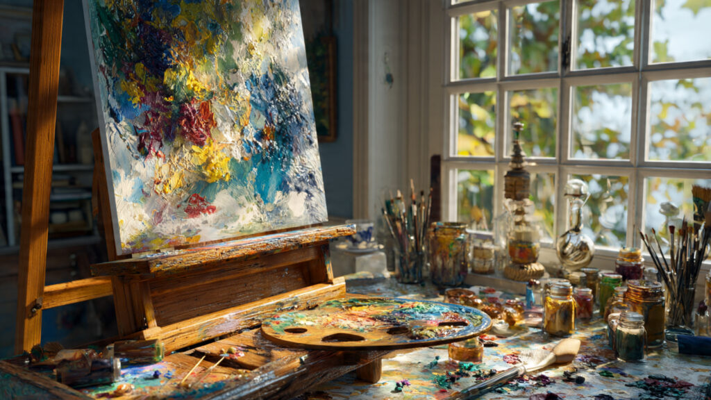 realistic depiction of an artist s studio with