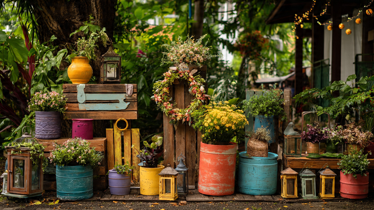 10 DIY Garden Crafts That Add Charm to Small Outdoor Spaces seasonal diy garden decor display with colorful