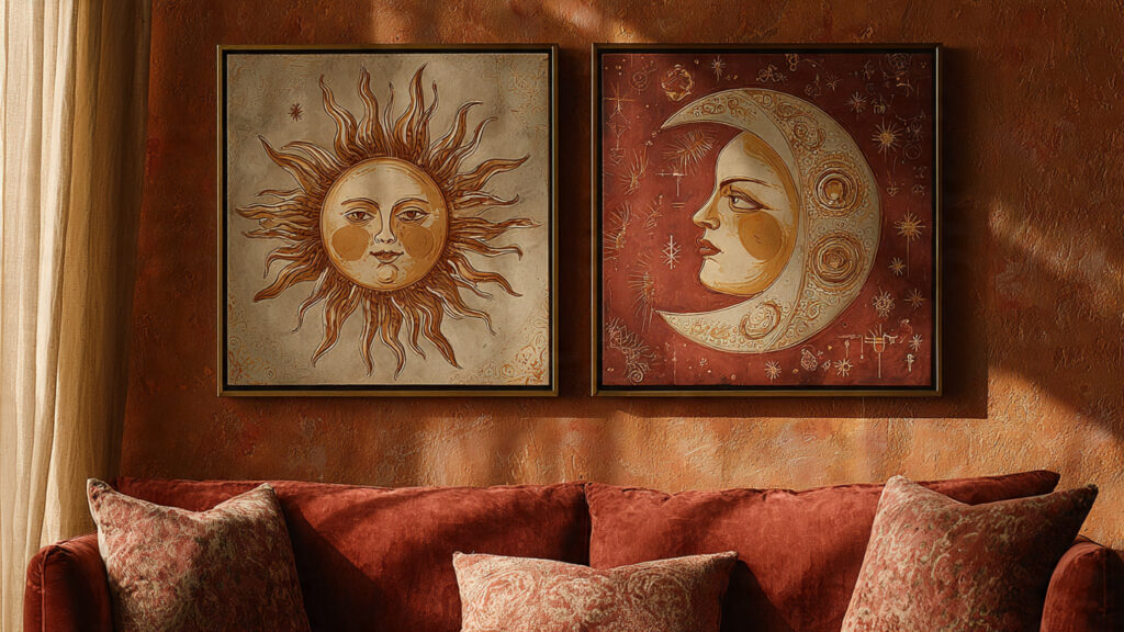 21 Boho Wall Art Ideas for a Cozy, Artistic & Trendy Home sun and moon boho wall art celestial