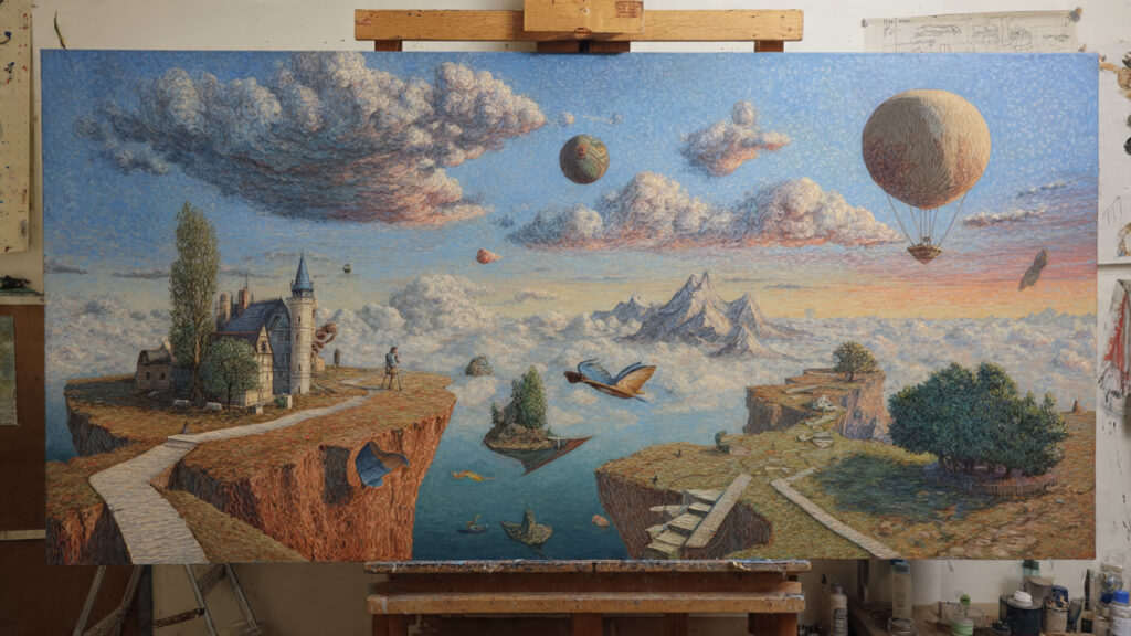 17 Different Styles of Acrylic Painting Every Artist Should Know surreal acrylic painting with dreamlike landscape floating