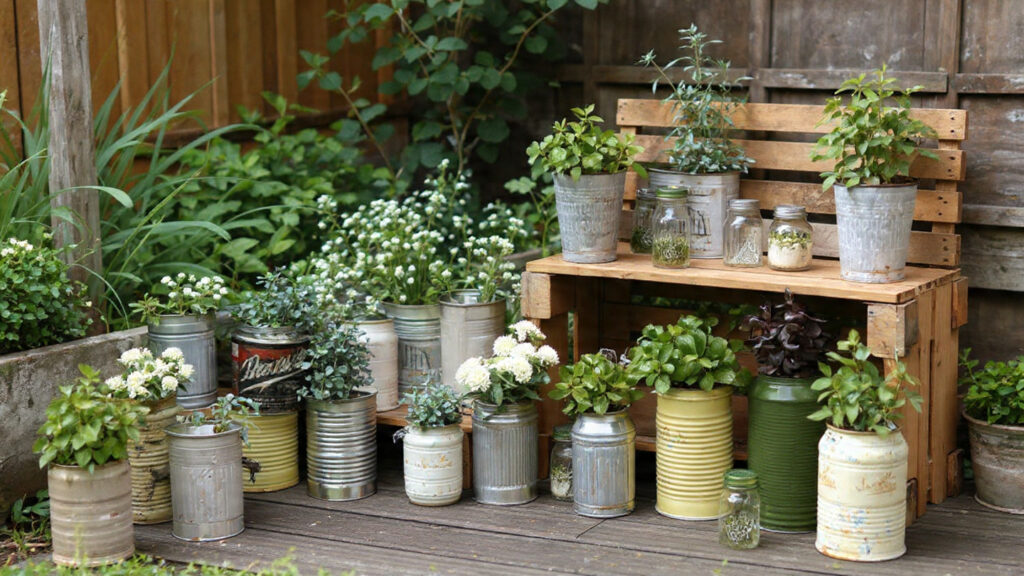 10 DIY Garden Crafts That Add Charm to Small Outdoor Spaces upcycled garden decor using tin cans glass (1)