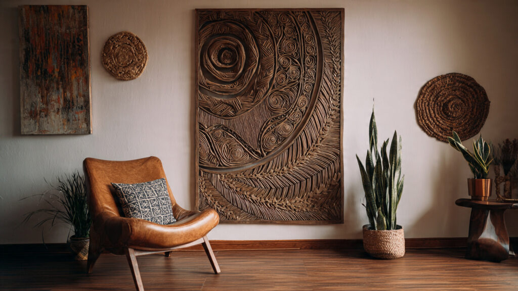 21 Boho Wall Art Ideas for a Cozy, Artistic & Trendy Home wooden boho wall art carved panel rustic