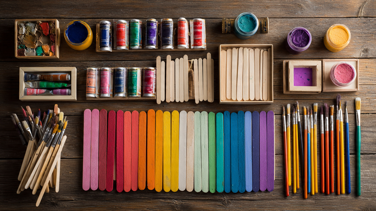 a flat lay of various colorful popsicle stick craf (1)