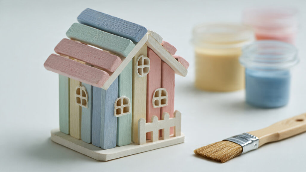 a small handmade popsicle stick house painted in s