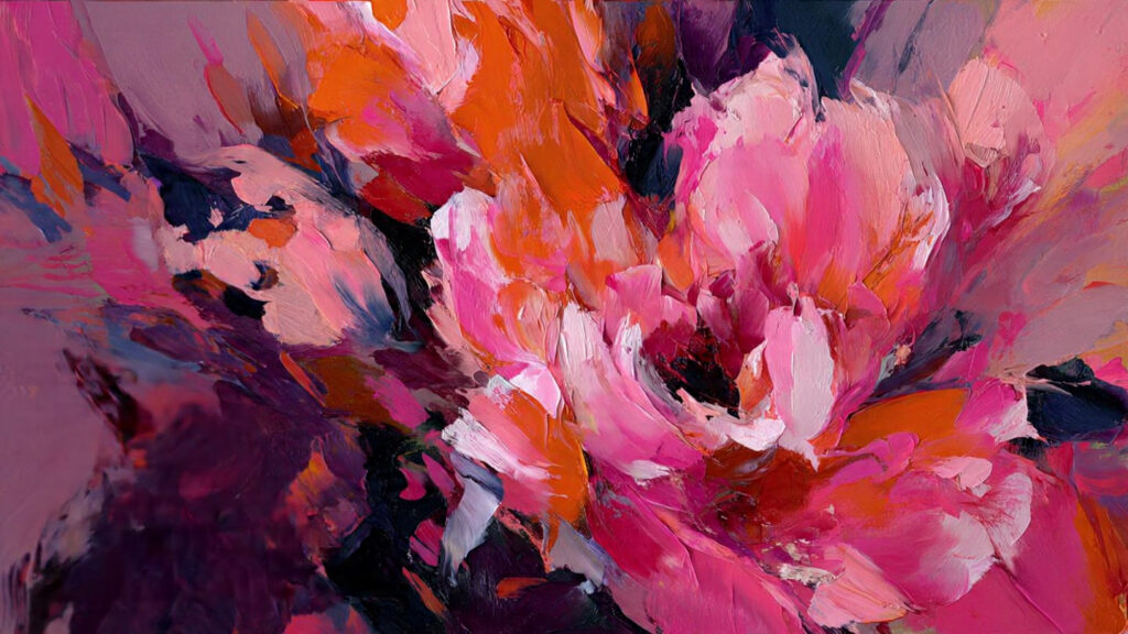 abstract floral canvas painting with bold pink ora