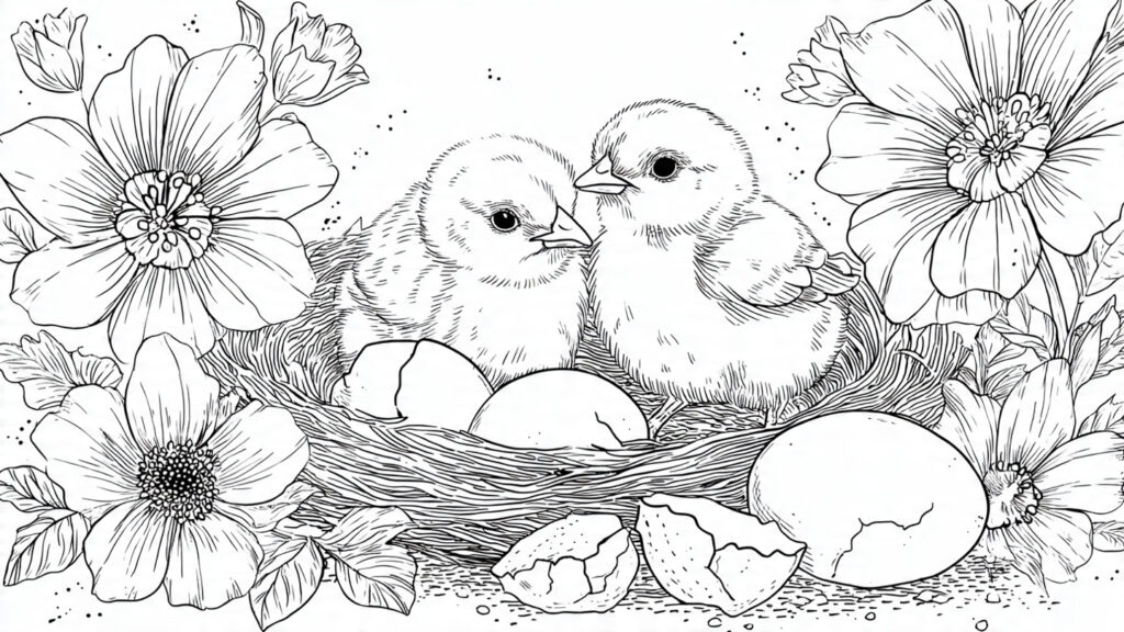 Beautiful Spring Coloring Pages 25 for Kids & Adults baby chicks in nest with cracked eggs spring flowe