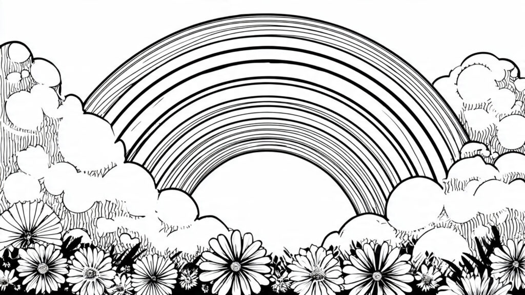 Beautiful Spring Coloring Pages 25 for Kids & Adults big rainbow with fluffy clouds and flowers below b