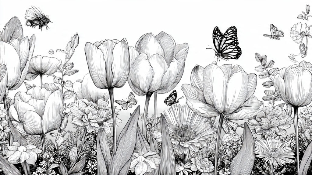 Beautiful Spring Coloring Pages 25 for Kids & Adults black and white line art of a blooming spring gard