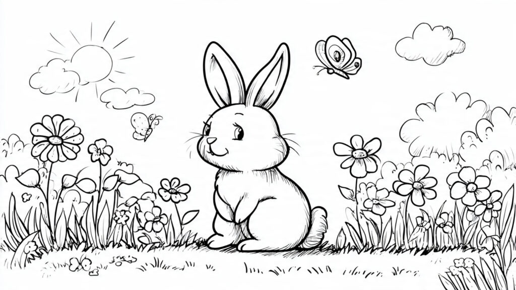 Beautiful Spring Coloring Pages 25 for Kids & Adults black and white outline illustration of a cute bun