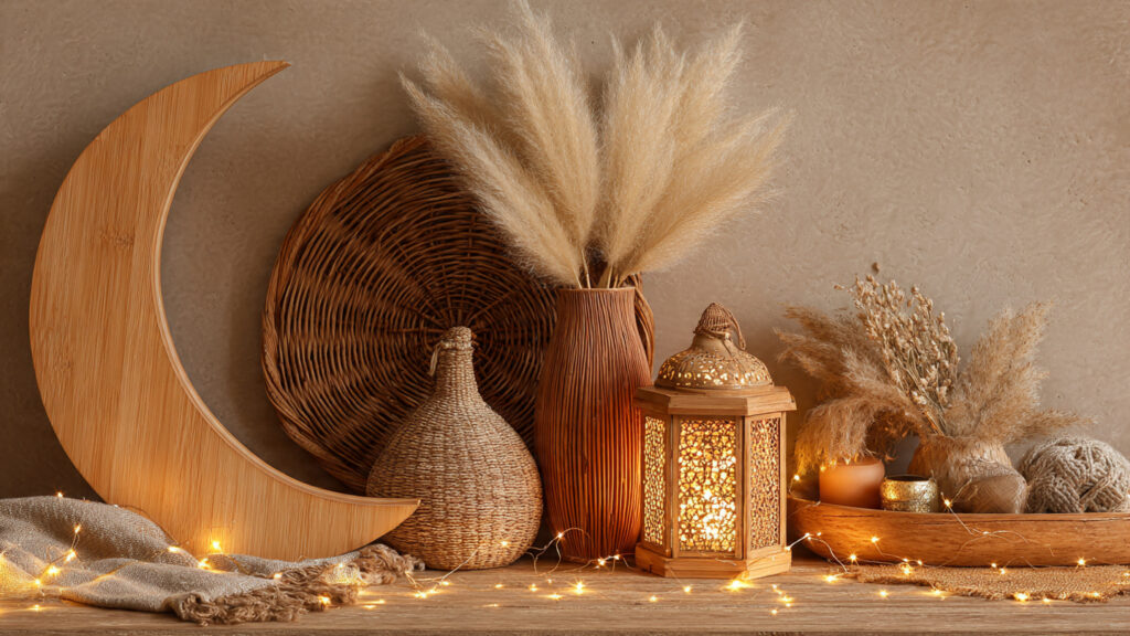 bohemian ramadan decor corner with wooden crescent