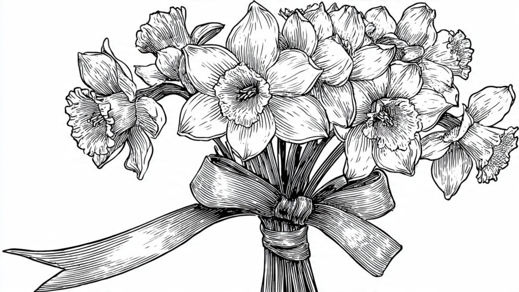 Beautiful Spring Coloring Pages 25 for Kids & Adults bouquet of daffodils tied with ribbon black and wh